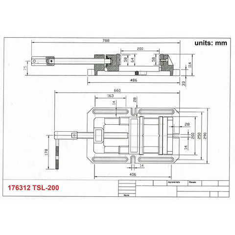 Technical drawing of 8-Inch Heavy-Duty Drill Press Vise With Replaceable Prismatic Jaws And 45-Degree Grooves TSL-200 in mm