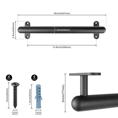 Hardcore 16 Inch Wall Mount Metal Handrail For Stairs Rock Steady Non Slip Safety Grab Bar For Elderly Indoor Outdoor Steel Support Railing With No Sweat Setup Black with dimensions and hardware included.