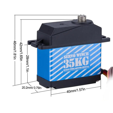 Blue and black servo winch with dimensions, showing 35KG capacity for RC crawler kits.