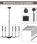 Black 6 Light Farmhouse Chandelier With Industrial Iron Vibe For Dining Room Living Room Kitchen Island And Foyer displayed with parts