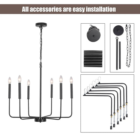 Black 6 Light Farmhouse Chandelier With Industrial Iron Vibe For Dining Room Living Room Kitchen Island And Foyer displayed with parts