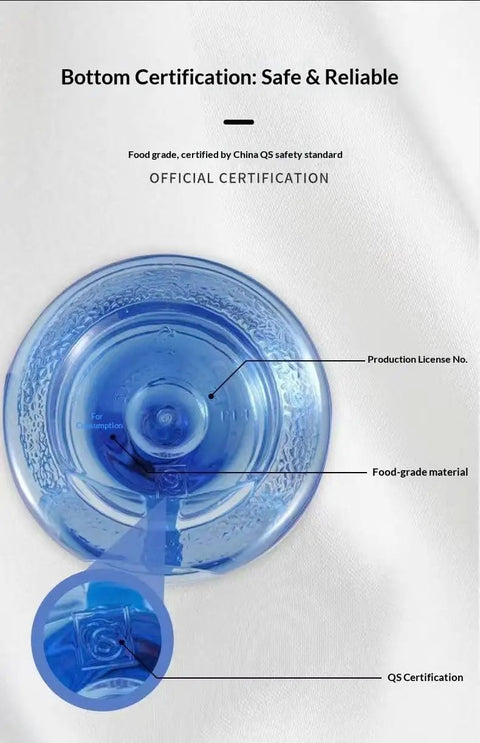 Bottom view of 7.5 Liter Food Grade Plastic Water Storage Container With Handle Portable Transparent Blue Water Jug