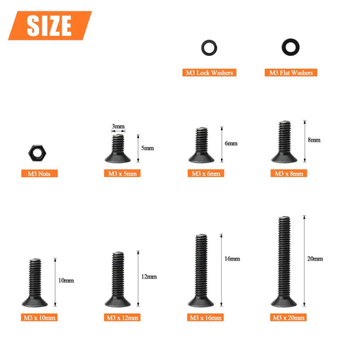 560 Pc M3 To M20 Countersunk Socket Cap Screws Kit With Hex Nuts, Lock Washers And Flat Washers size range display
