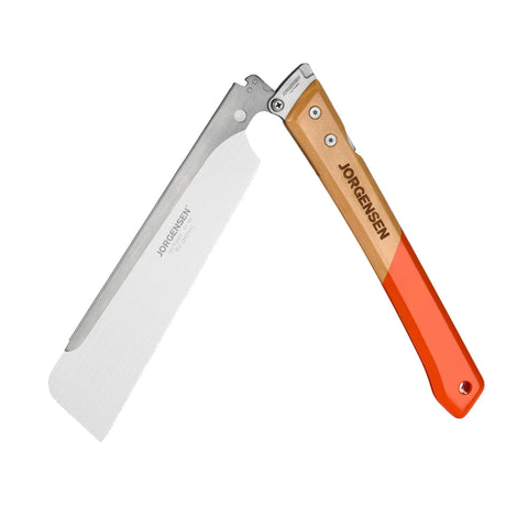 9.5 Inch Folding Dovetail Saw With Beech Wood Handle, SK5 Steel Blade, open view showing blade and handle, tool-less change feature