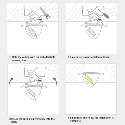 Installation steps for LED Recessed Ceiling Lights Kit, 12 Pack, Easy Install Downlights With Junction Box, 360 Degree Rotatable COB Elephant Trunk Light, 3000K 4000K 6000K Selectable, No Flicker, Dimmable, AC85 265V.