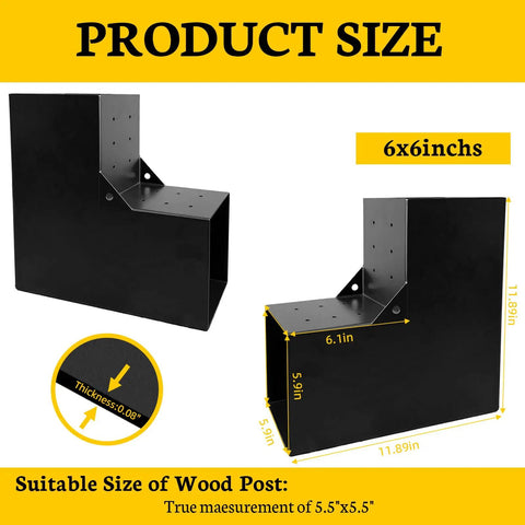 Two Pack Heavy Duty Pergola Bracket Kit Built For Outdoor DIY Projects 14 Gauge Steel L Shaped Wood Brackets For 5.5 x 5.5 Inch Lumber 6x6 Posts Includes Hardware For Gazebos Pergolas
