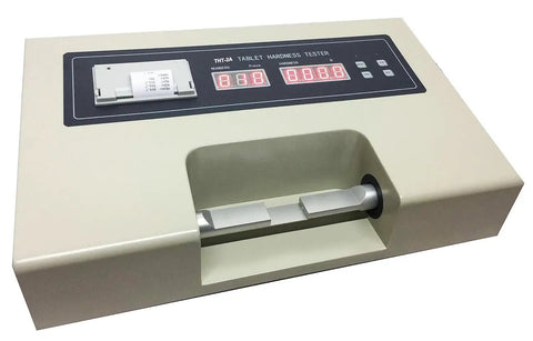 Tablet Hardness Tester With Printer Auto Load LED Readout 2 to 500 Newtons Hardness Range 20 Second Test Cycle Probe Travel 3 to 40 mm 100 Piece Batch Capacity A Real Workhorse for High Volume Tablet Testing on beige metal housing