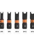 Hella Durable Five Piece Spanner Bit Set With Tough As Nails S2 Steel Heavy Duty Impact Driver Bits showing SP6 SP8 SP10 SP12 SP14.
