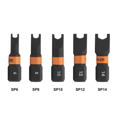 Hella Durable Five Piece Spanner Bit Set With Tough As Nails S2 Steel Heavy Duty Impact Driver Bits showing SP6 SP8 SP10 SP12 SP14.