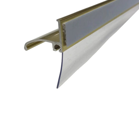 Gold Framed Shower Door Bottom Deflector With Vinyl Sweep And Pre Applied Mounting Tape 30 Inch Long Cut To Size For Framed Swing Doors Keeps Leaks In Check close-up