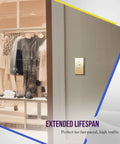 Polished Brass 1-Gang Toggle Light Switch Wall Plate In Gold Finish installed in retail space against neutral wall.