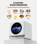 No Fuss Portable Countertop Dishwasher With Smart App Control And Built In Water Tank showing 8 custom wash programs and dishes.
