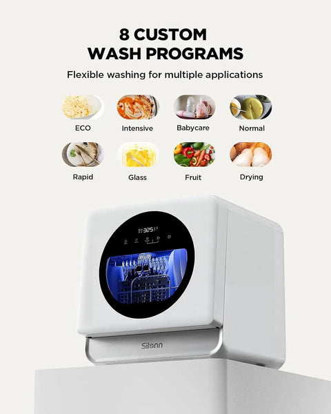 No Fuss Portable Countertop Dishwasher With Smart App Control And Built In Water Tank showing 8 custom wash programs and dishes.