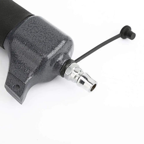 Lightweight Pneumatic Nail Gun For Trim And Finish Work, air connector detail on durable metal body pin nailer for woodwork.