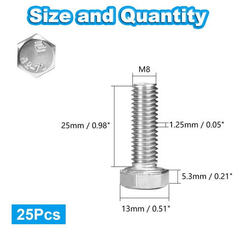 25 Pack M8 Hex Bolts M8x25mm 304 Stainless Steel Heavy Duty Fasteners displayed with size measurements and detailed specifications.