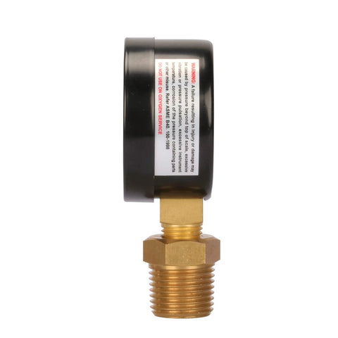 Measureman 2-inch well pump pressure gauge with brass 1/4in NPT male thread and 1/2in adaptor, black housing.