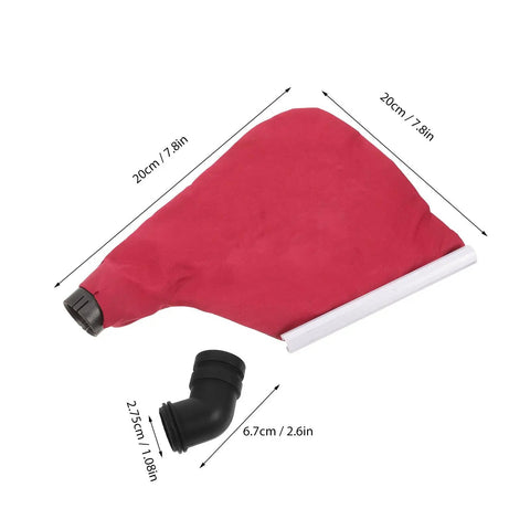 Heavy Duty 4 Inch Woodworking Belt Sander Dust Collection Bag With Reusable Debris Catcher, dimensions and quick snap mount shown.