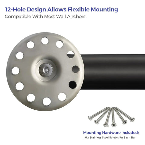 12-hole design of Straight Up Sturdy Matte Black Stainless Steel Grab Bar Bundle for secure mounting and ADA compliant installations.