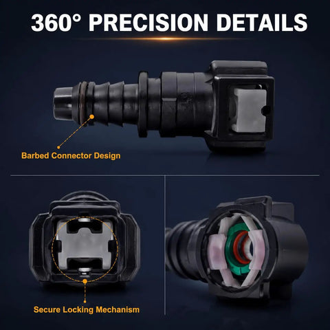 Heavy Duty Two Pack 3/8 Fuel Line Quick Connectors showing barbed connector design and secure locking mechanism.