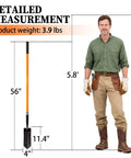 Man standing next to Heavy Duty Trench Shovel With 56 Inch Fiberglass Handle, 4 Inch V Shaped Narrow Blade For Tight Trenches.