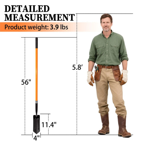 Man standing next to Heavy Duty Trench Shovel With 56 Inch Fiberglass Handle, 4 Inch V Shaped Narrow Blade For Tight Trenches.