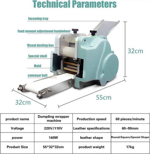 Commercial Grade Electric Dumpling Skin Maker Stainless Steel Pasta Press with feed adjustment and conveyor belt.
