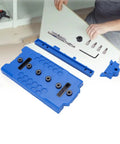 Pro Grade Shelf Pin Jig Template Crafted From Tough ABS Plastic, featuring alignment marks and heavy-duty clamps for precise cabinet hole spacing.