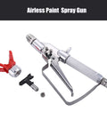 Heavy Duty Airless Paint Spray Gun With Reversible 517 Tip And Locking Tip Guard 3600 PSI Max Pressure Forged Swivel Handle Four Finger Trigger Easy Ceiling Job No Fuss with red tip guard and nozzle close-up.