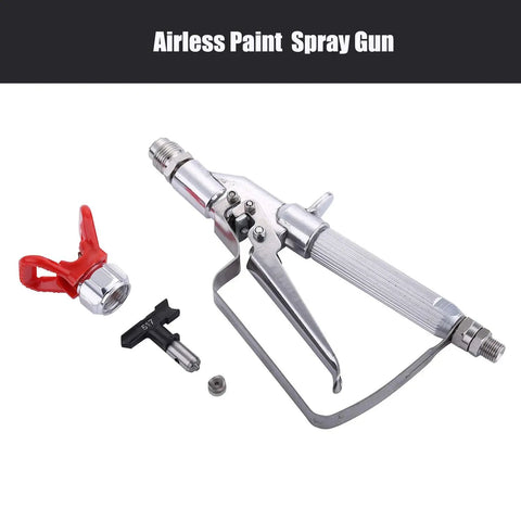 Heavy Duty Airless Paint Spray Gun With Reversible 517 Tip And Locking Tip Guard 3600 PSI Max Pressure Forged Swivel Handle Four Finger Trigger Easy Ceiling Job No Fuss with red tip guard and nozzle close-up.