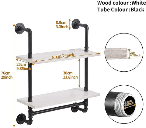 Technical diagram of Dope Rustic Industrial Wall Shelves 24 Inch with Heavy Duty Pipe Frame Pine Wood Shelf Towel Bar Hooks
