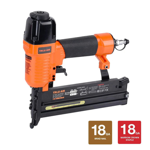 Straight Shooter 18 Gauge Pneumatic Brad Nailer And Twofer Air Stapler crafted from lightweight aluminum, shown in detail.