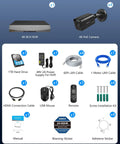 4K Ultra HD Security Camera System With 8.0 MP Sensors, PoE Wired Outdoor IP Cameras, shown with NVR and installation accessories
