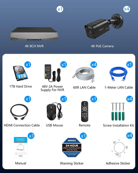 4K Ultra HD Security Camera System With 8.0 MP Sensors, PoE Wired Outdoor IP Cameras, shown with NVR and installation accessories