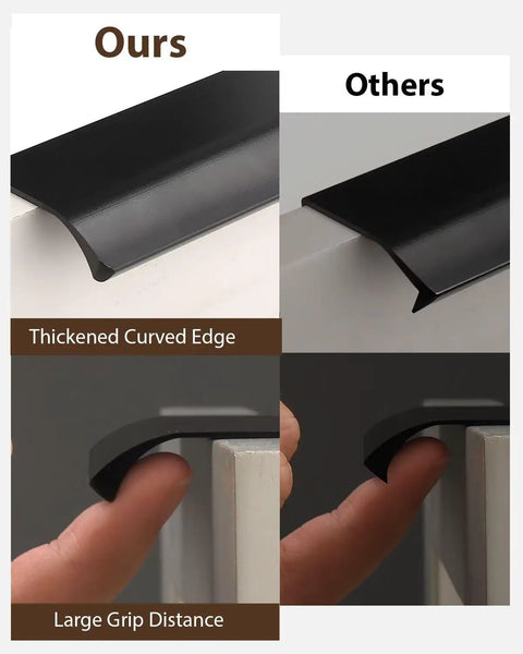 Comparison of 15 Pack Black Edge Cabinet Pulls Three And Three Quarter Inch Finger Pulls for hidden drawers with thickened edge and large grip.