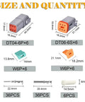 Size and components of Six Pin Waterproof Heavy Duty Electrical Connector Kit with stamped terminals and seal plugs.