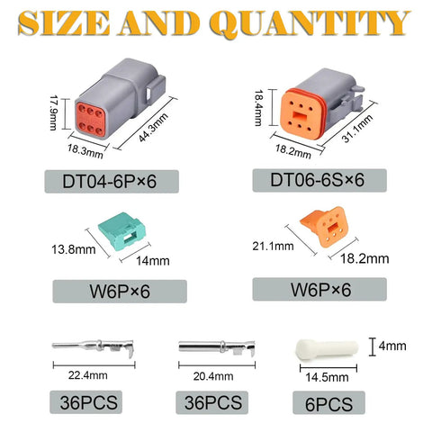 Size and components of Six Pin Waterproof Heavy Duty Electrical Connector Kit with stamped terminals and seal plugs.