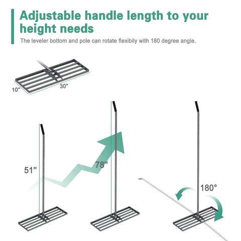 Diagram of Lawn Leveling Rake 30x10 Heavy Duty with Anti Rust Coating and Adjustable Handle showing 78-inch handle extension and 180-degree rotation.