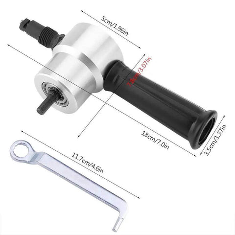 Double Head Sheet Metal Nibbler Cutter For Drill Attachment with adjustable cutting heads, electric metal shears, and wrench for DIY use.