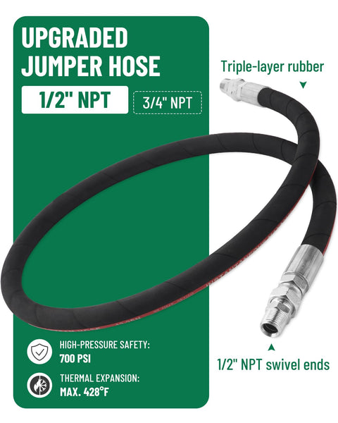 Heavy Duty Air Compressor Jumper Hose Kit With Sixty Inch Length And Half Inch NPT Swivel Ends, Rugged Three Layer Rubber