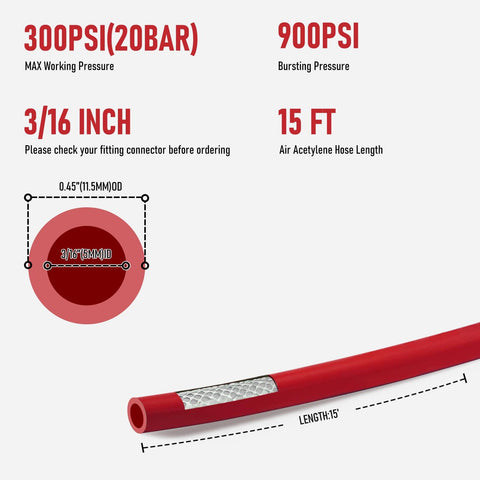Air Acetylene Torch Hose Fifteen Feet With A Fitting For AR B Regulators And AR MC Regulators And Turbo Style Sof Flame Kits Three Sixteenth Inch Inner Diameter Two Hundred PSI Left Hand Thread Three Eighths Inch Twenty Four, red hose graphic with dimensions and specifications