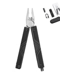 13-in-1 Full-Size Multitool With Ratcheting Screwdriver And Pliers Functions Crafted From Heat-Treated Steel for outdoor use with black grip handles.