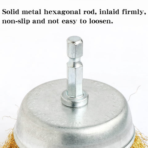 Six Piece Brass Wire Wheel Brush Set For Drill With One Quarter Inch Shank crimped cup hexagonal shank detail