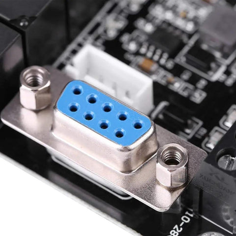 Close-up of Rock Solid 24V DC PLC Control Board with FX1N-14MR relay module, showing connector details and circuit components.