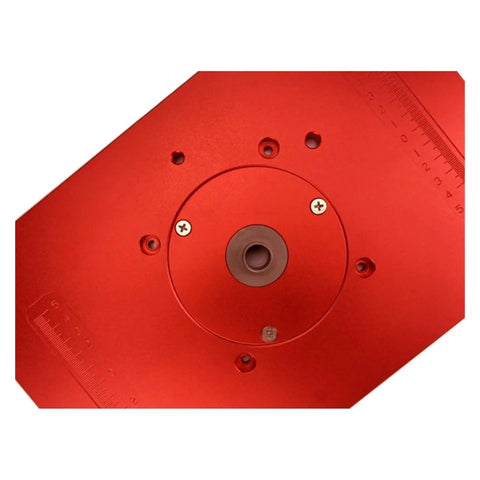 Close-up of Universal Aluminum Router Table Insert Plate 200X300Mm 8Mm Thick with center bushing for woodworking use.
