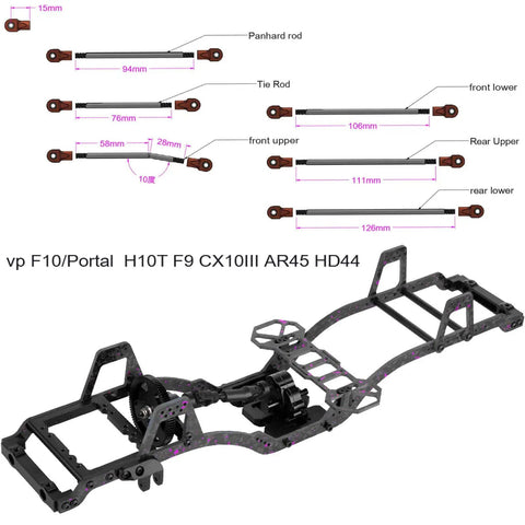 Carbon Fiber Chassis Kit With Front Mounted Transmission Upgrade for 1 by 10 RC Crawlers, showing rods and frame layout.