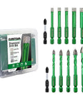 Top Tier Diamond Drill Bit Kit With Quick Fit Hex Shank And Ph2 Screwdriver Bits For Cruising Through Ceramic Tile Porcelain Granite And Marble Like A Boss In 12 Piece in green storage case.