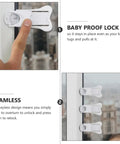Six Pack White ABS Childproof Window And Cabinet Locks With Keyless Convenience For Sliding Doors Easy Adhesive Install No Tools Needed To Babyproof Your Home Without Damaging Surfaces shown installed and in use