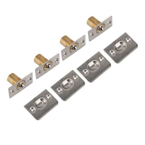 Solid Brass Adjustable Door Ball Catch 4 Pack Spring Closet Latch With Full Lip Strike Plate Stainless Steel Finish components laid out.