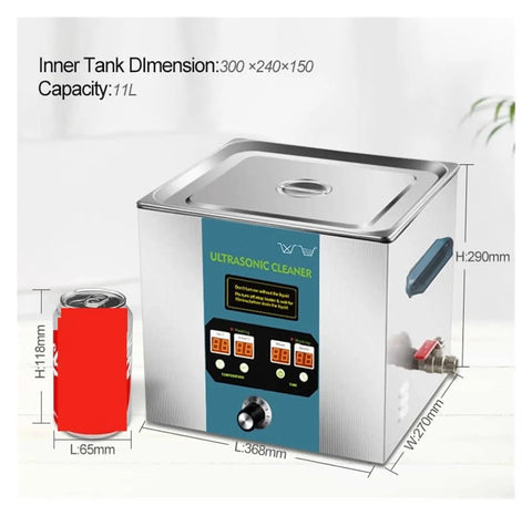 Heavy Duty 11 Liter Ultrasonic Cleaner Featuring 40 80 And 120 Khz Transducers For Vinyl Records Stainless Steel Basin dimensions with 11L capacity.