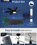 28 Inch Plug In Outdoor Ceiling Fan With Lights And Remote, LED Gazebo Hanging Fan With Hook, shown with dimensions and remote